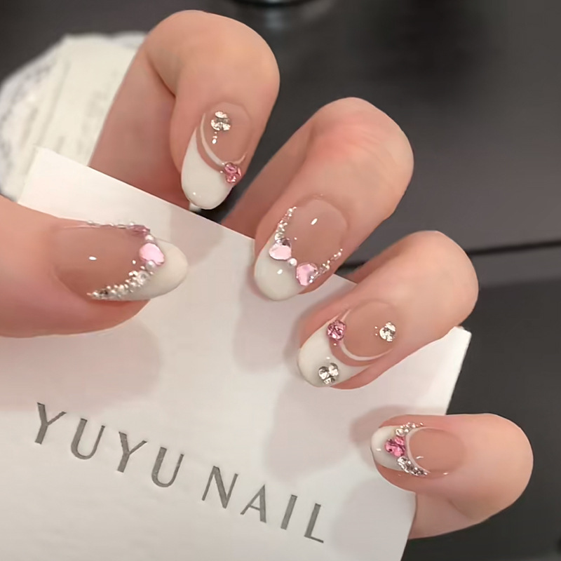 Nail Art French Nails - 10Pcs White French Pink Heart Diamond