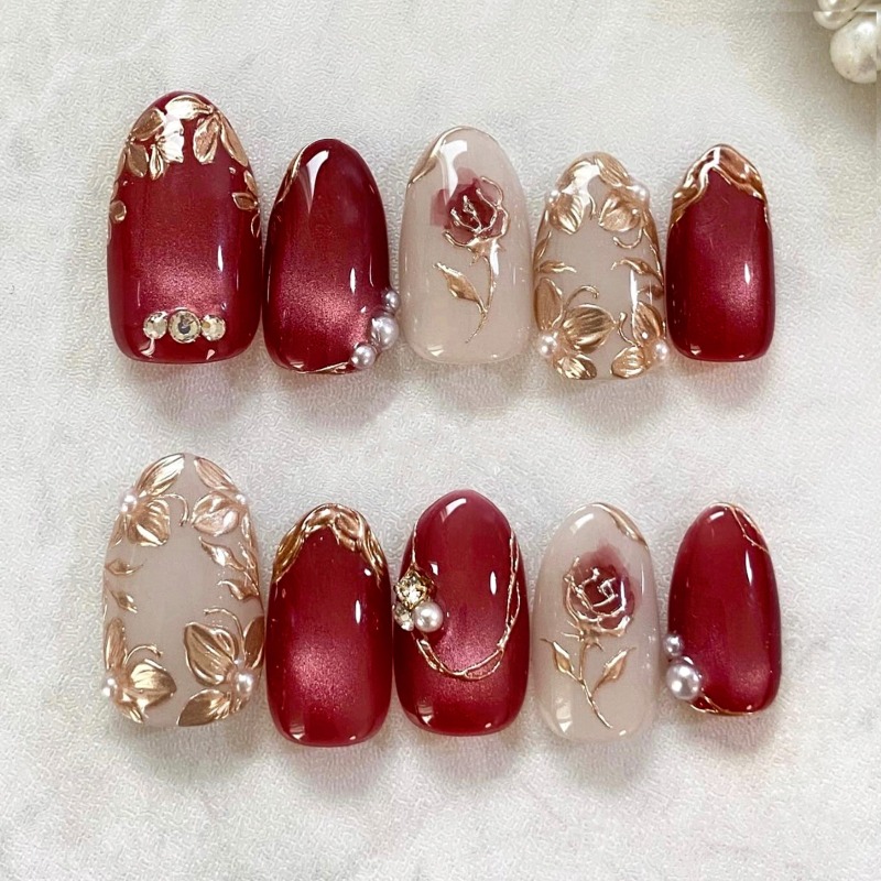Nail Art Cat Eye Simple - 24PCS Gilt Rose Almond Stick on