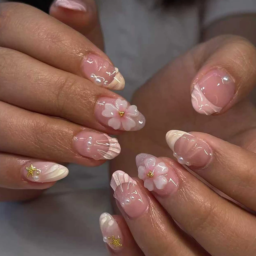 Nail Art French Nails - 24pcs Short Oval 3D Gel Nail