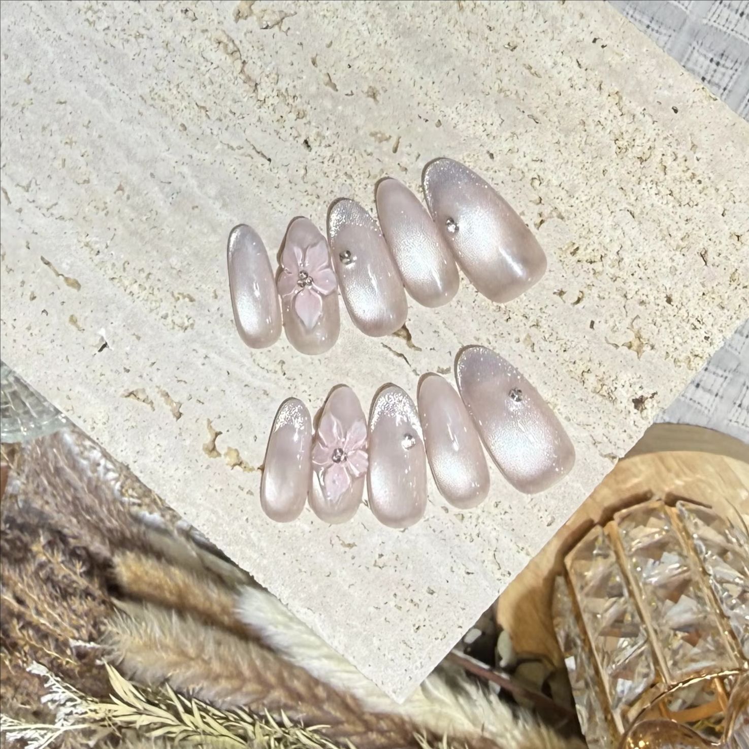 Nail Art Cat Eye Simple - 10Pcs Pink Sweet French Almond Handmade