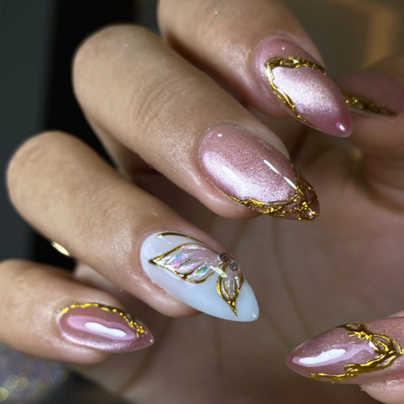 Nail Art Cat Eye Simple - Cat Eye Almond False Nails Golden