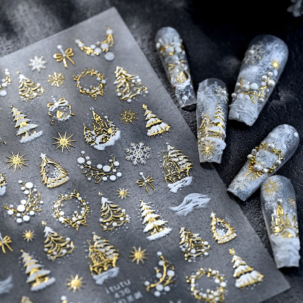 Nail Art Xmas - 5D Embossed Gold Castle/Garland/Christmas Tree Nail