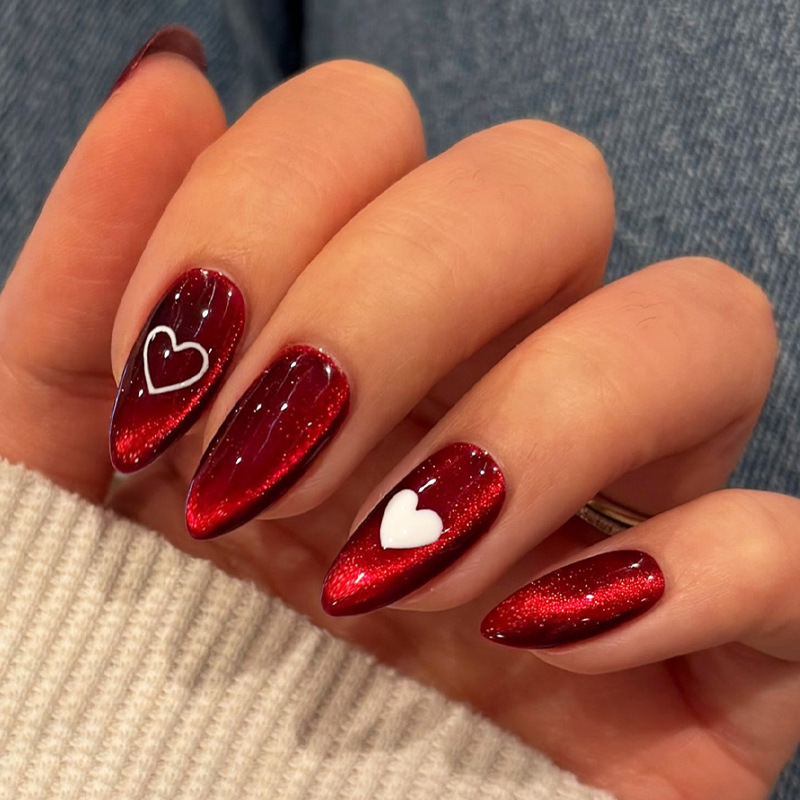 Nail Art Cat Eye Simple - 24PCS Simple Red Cat Eye Almond