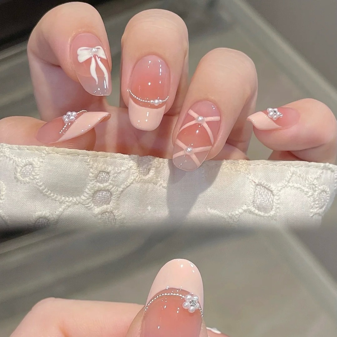 10Pcs White French Pink Heart  - Nail Art French Nails ulasan dan harga