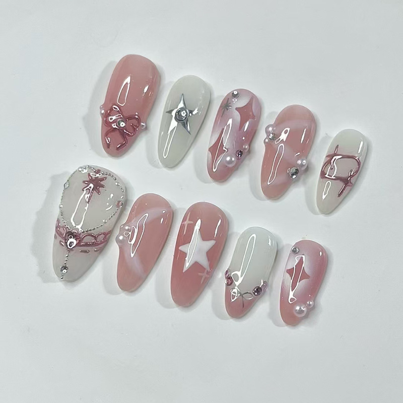 24Pcs Short Almond Nails Set F - Nail Art French Nails ulasan dan harga