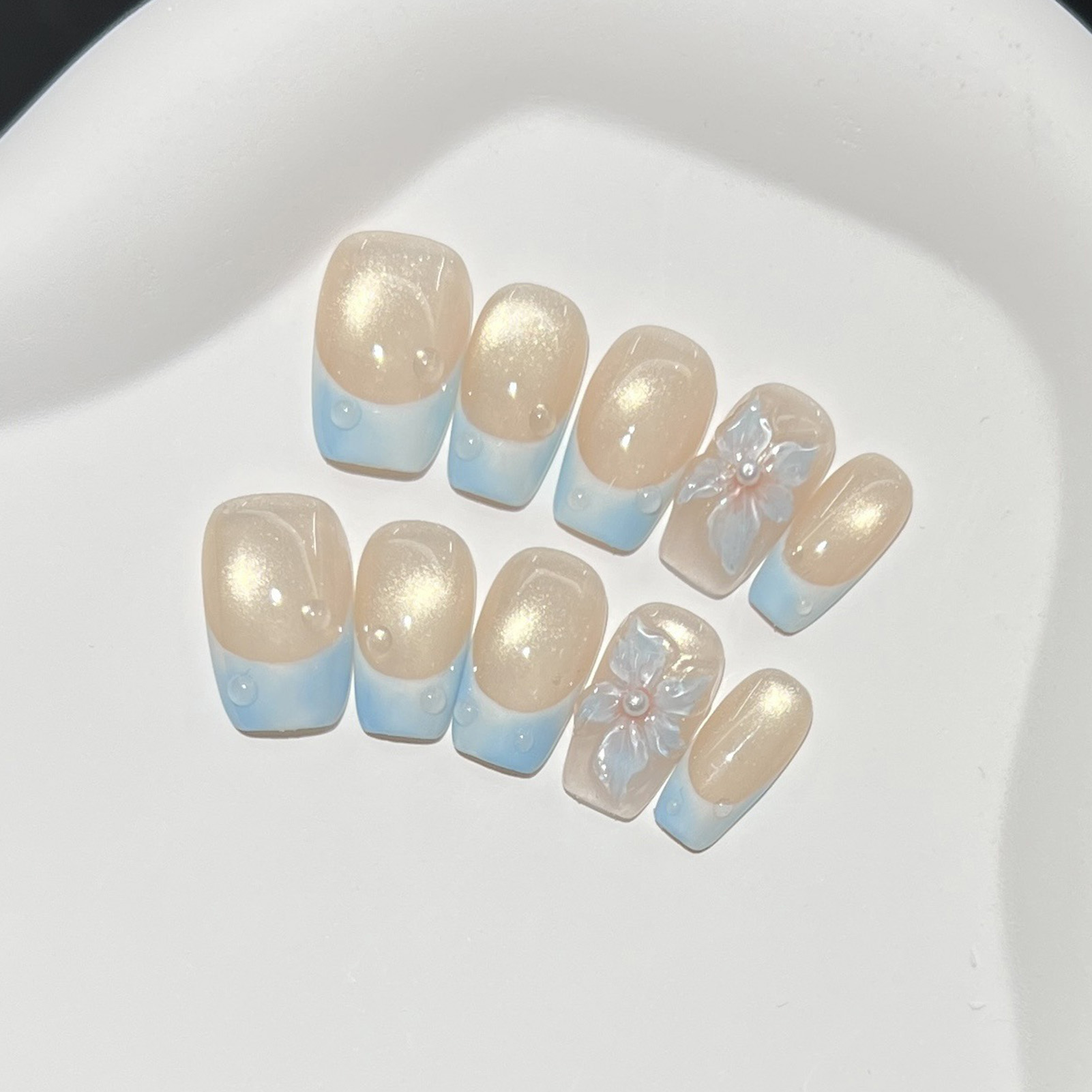 10pcs French Blue Glossy Flora - Nail Art French Nails ulasan dan harga
