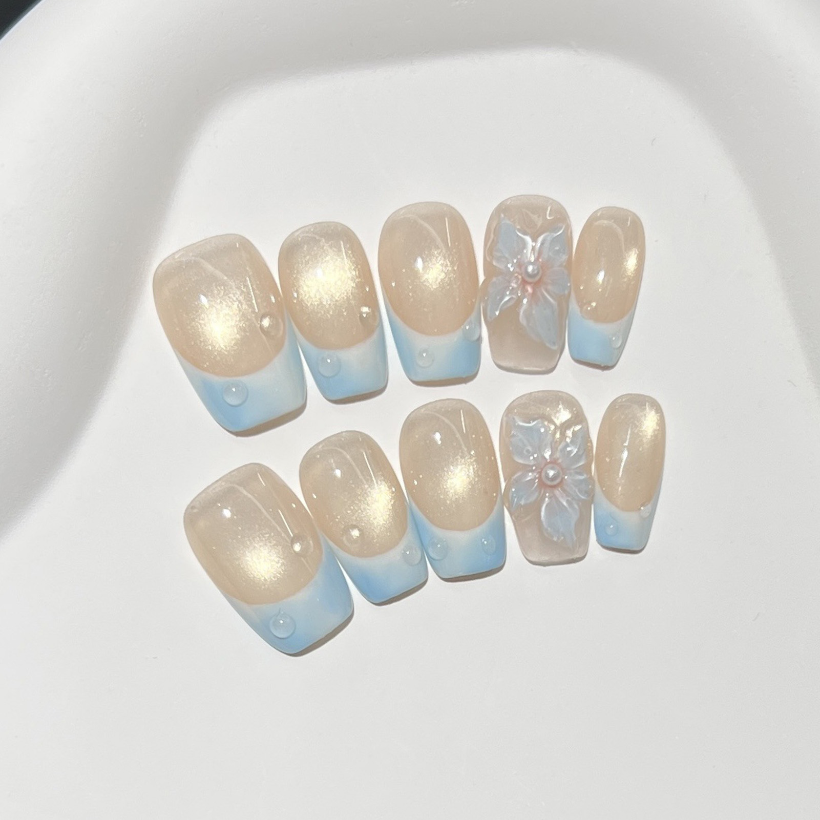 10pcs French Blue Glossy Flora - Nail Art French Nails ulasan dan harga