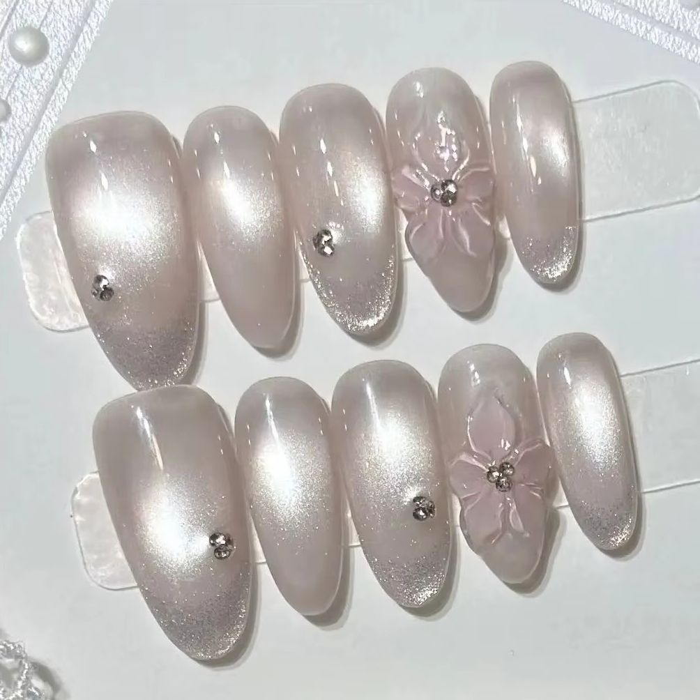 10Pcs Pink Sweet French Almond - Nail Art Cat Eye Simple ulasan dan harga