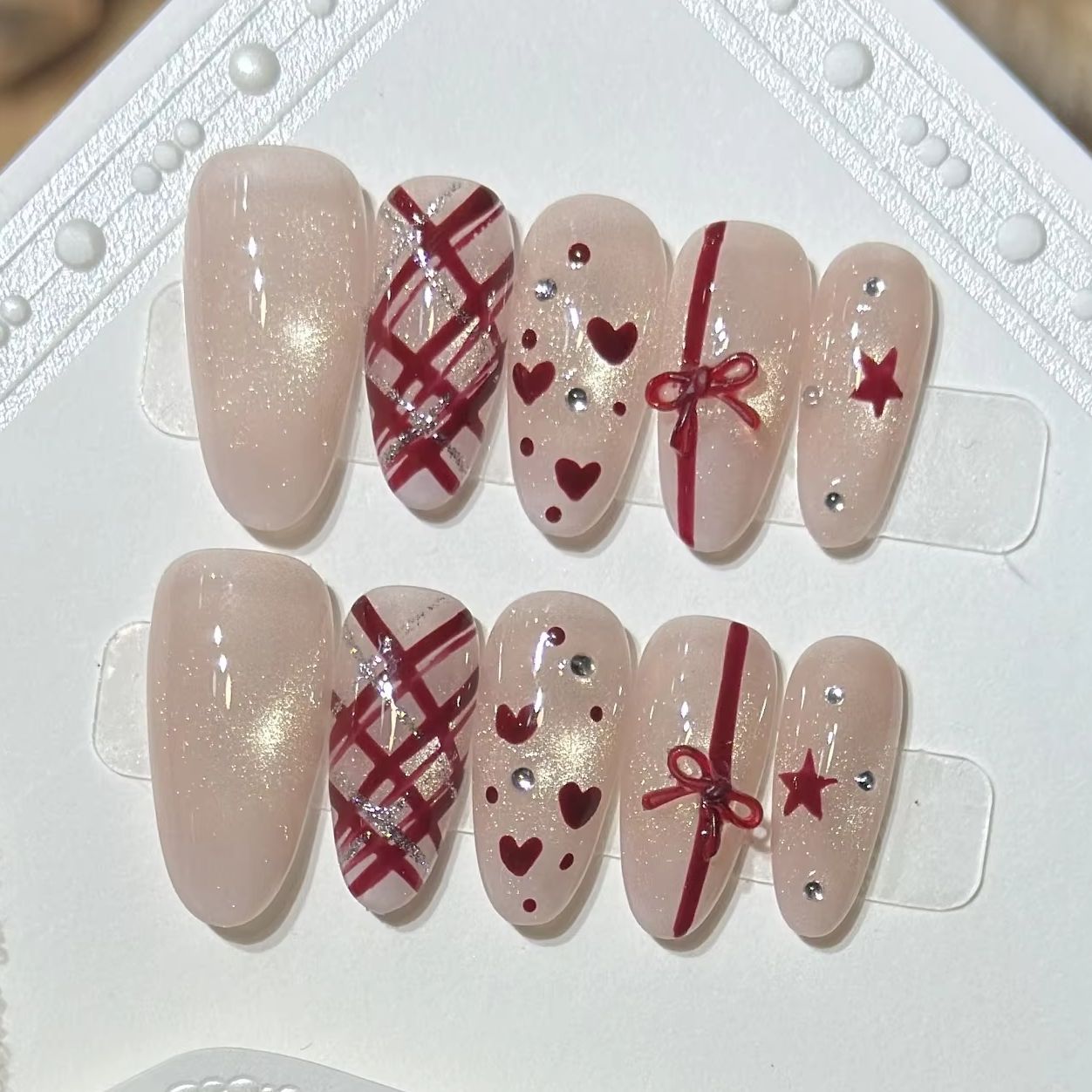 10Pcs Pink Sweet French Almond - Nail Art Cat Eye Simple ulasan dan harga